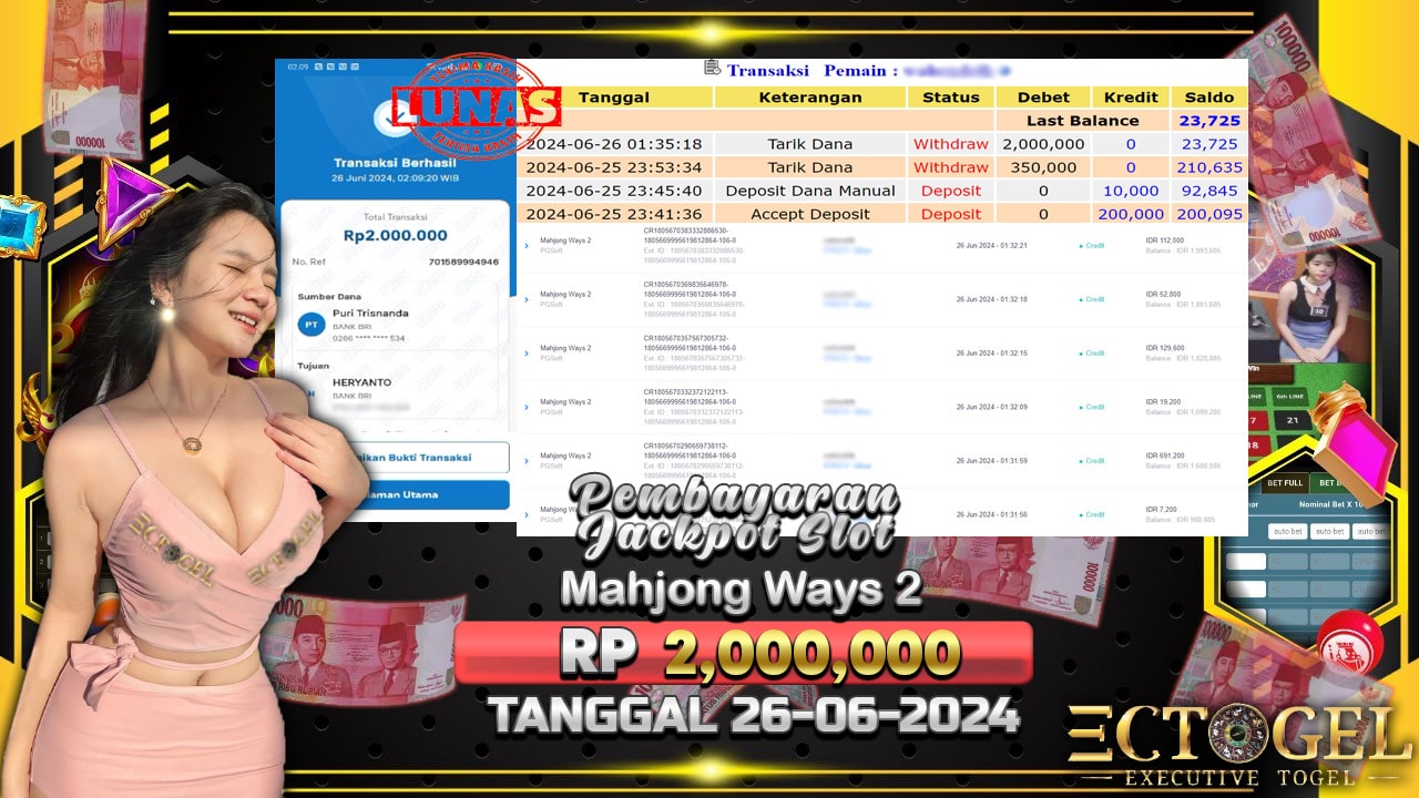 BUKTI JACKPOT SLOT MAHJONG WAYS 2 TERPERCAYA DI INDONESIA TGL 26-06-2024