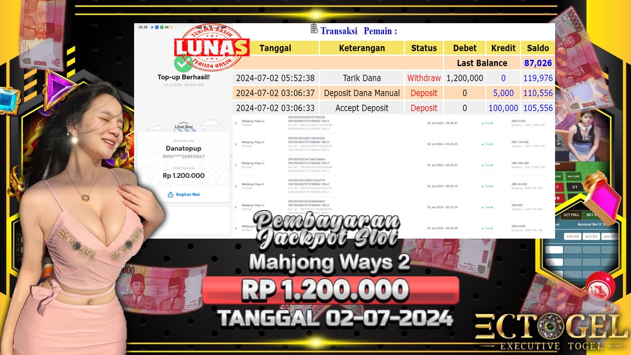 BUKTI JACKPOT SLOT MAHJONG WAYS 2 TERPERCAYA DI INDONESIA TGL 02-07-2024