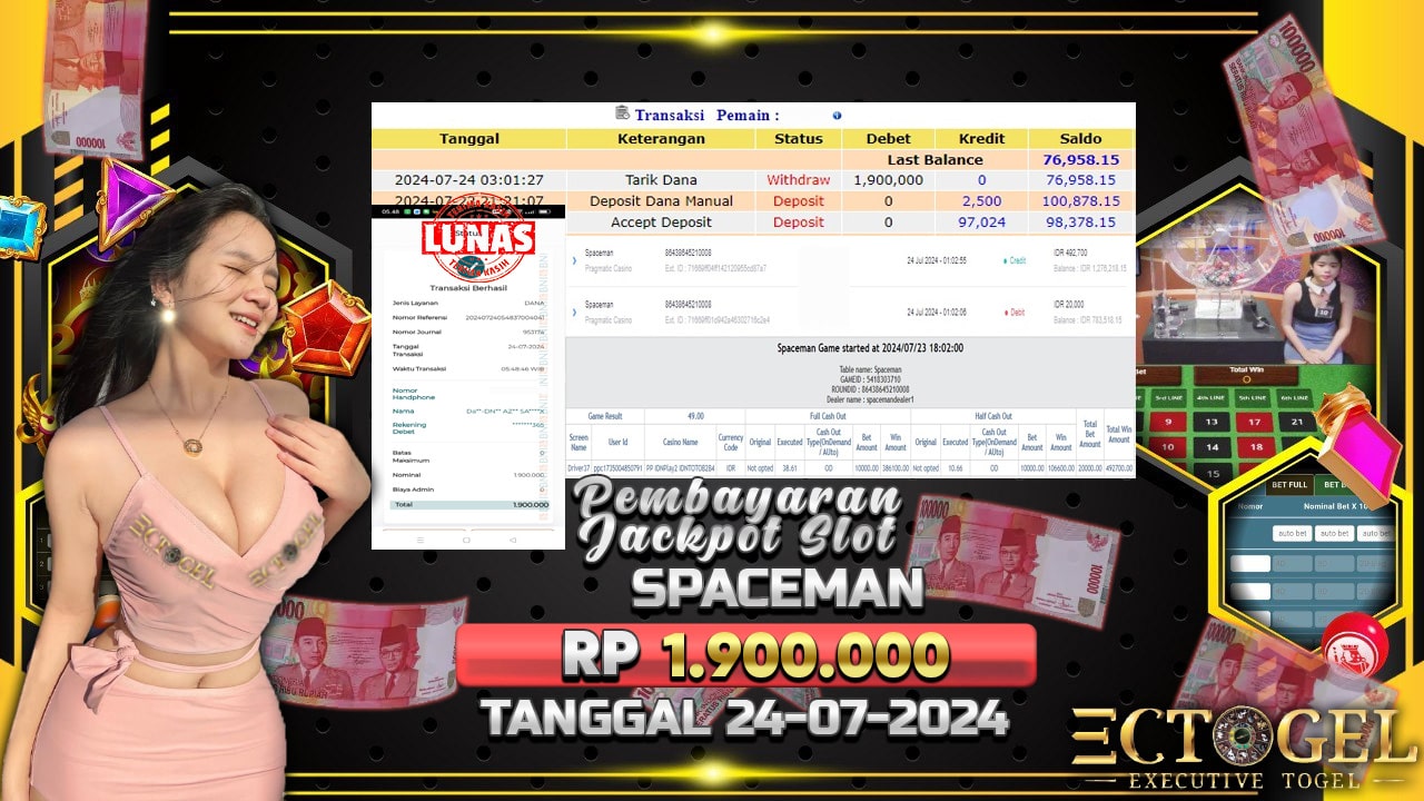 BUKTI JACKPOT SLOT SPACEMAN TERPERCAYA DI INDONESIA TGL 24-07-2024