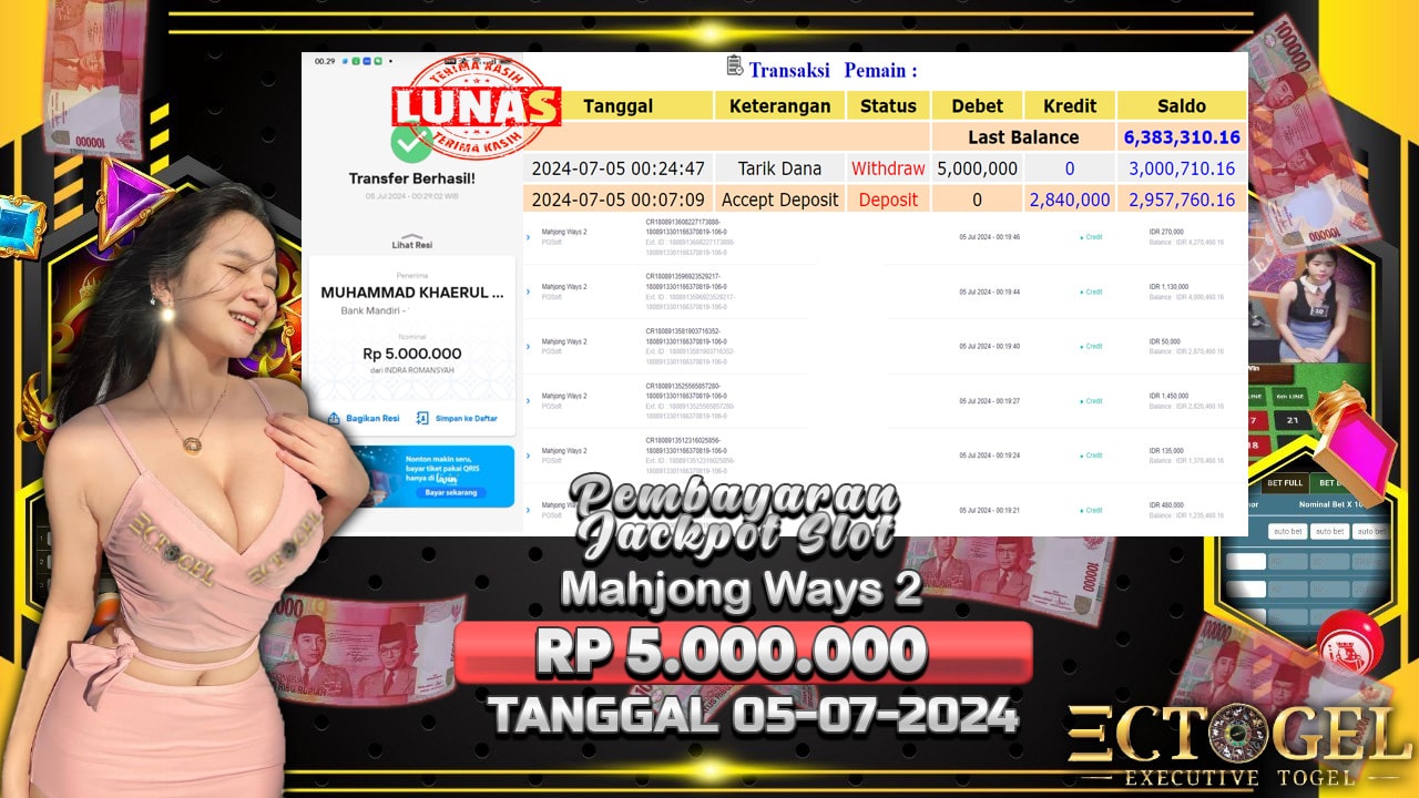 BUKTI JACKPOT SLOT MAHJONG WAYS 2 TERPERCAYA DI INDONESIA TGL 05-07-2024