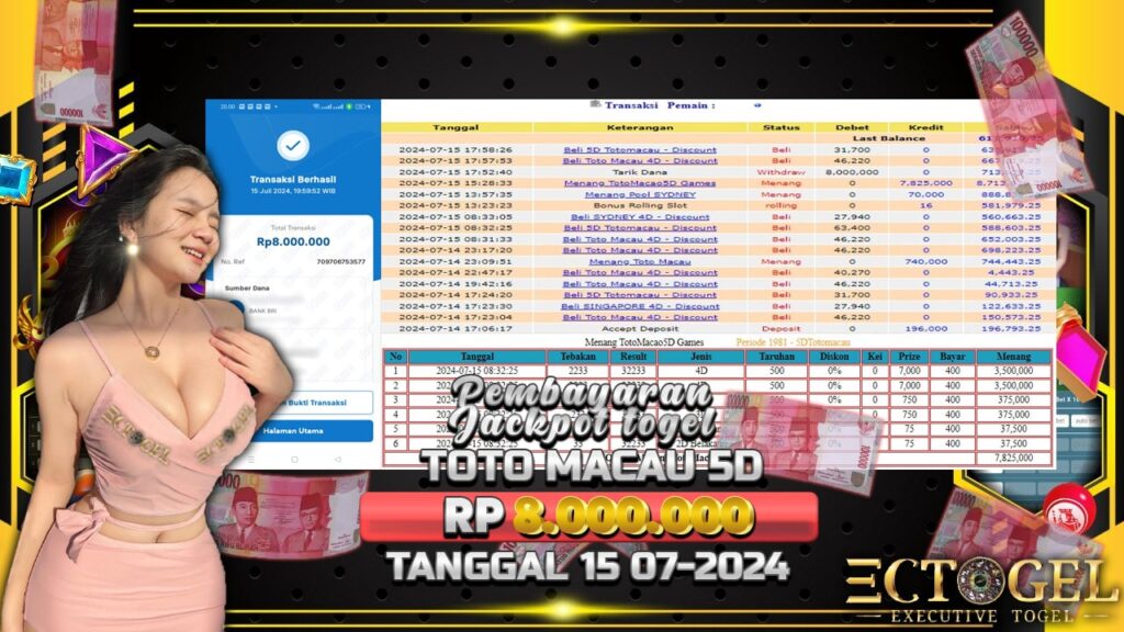 BUKTI JACKPOT TOGEL ONLINE TOTO MACAU 5D TERPERCAYA DI INDONESIA TGL 15-07-2024