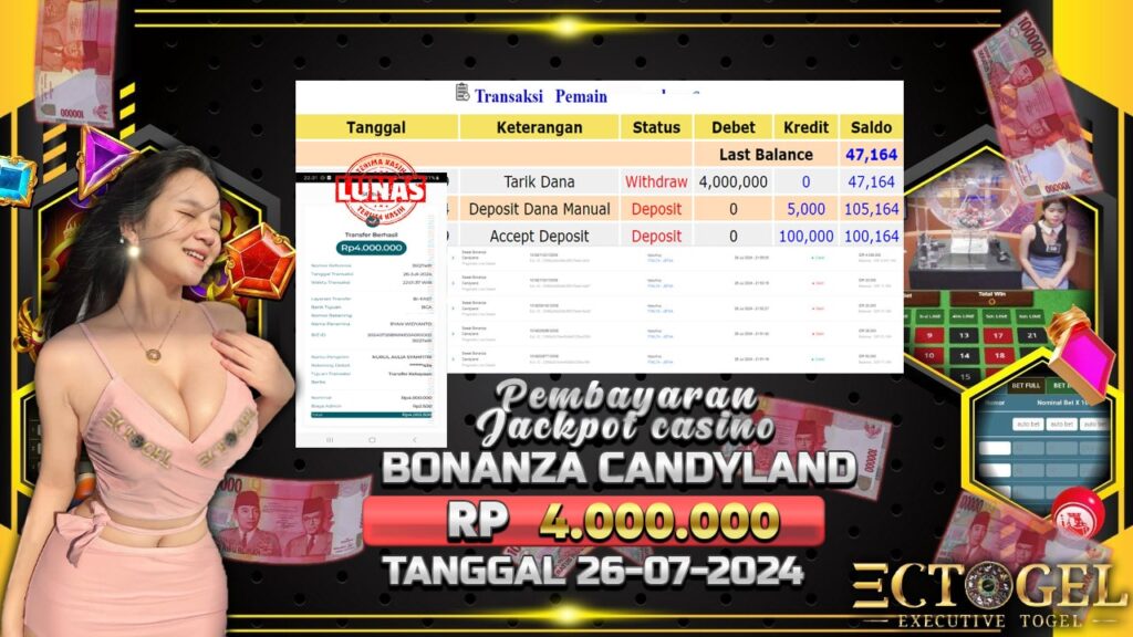 BUKTI JACKPOT LIVE CASINO BONANZA CANDYLAND TERPERCAYA DI INDONESIA TGL 26-07-2024