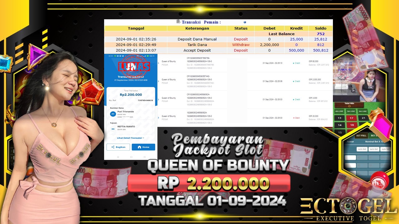 BUKTI JACKPOT SLOT QUEEN OF BOUNTY TERPERCAYA DI INDONESIA TGL 01-09-2024