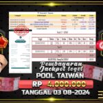 BUKTI JACKPOT TOGEL ONLINE POOL TAIWAN TERPERCAYA DI INDONESIA TGL 03-08-2024