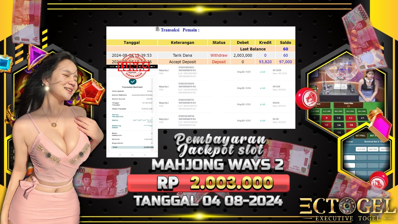 BUKTI JACKPOT SLOT MAHJONG WAYS 2 TERPERCAYA DI INDONESIA TGL 04-08-2024