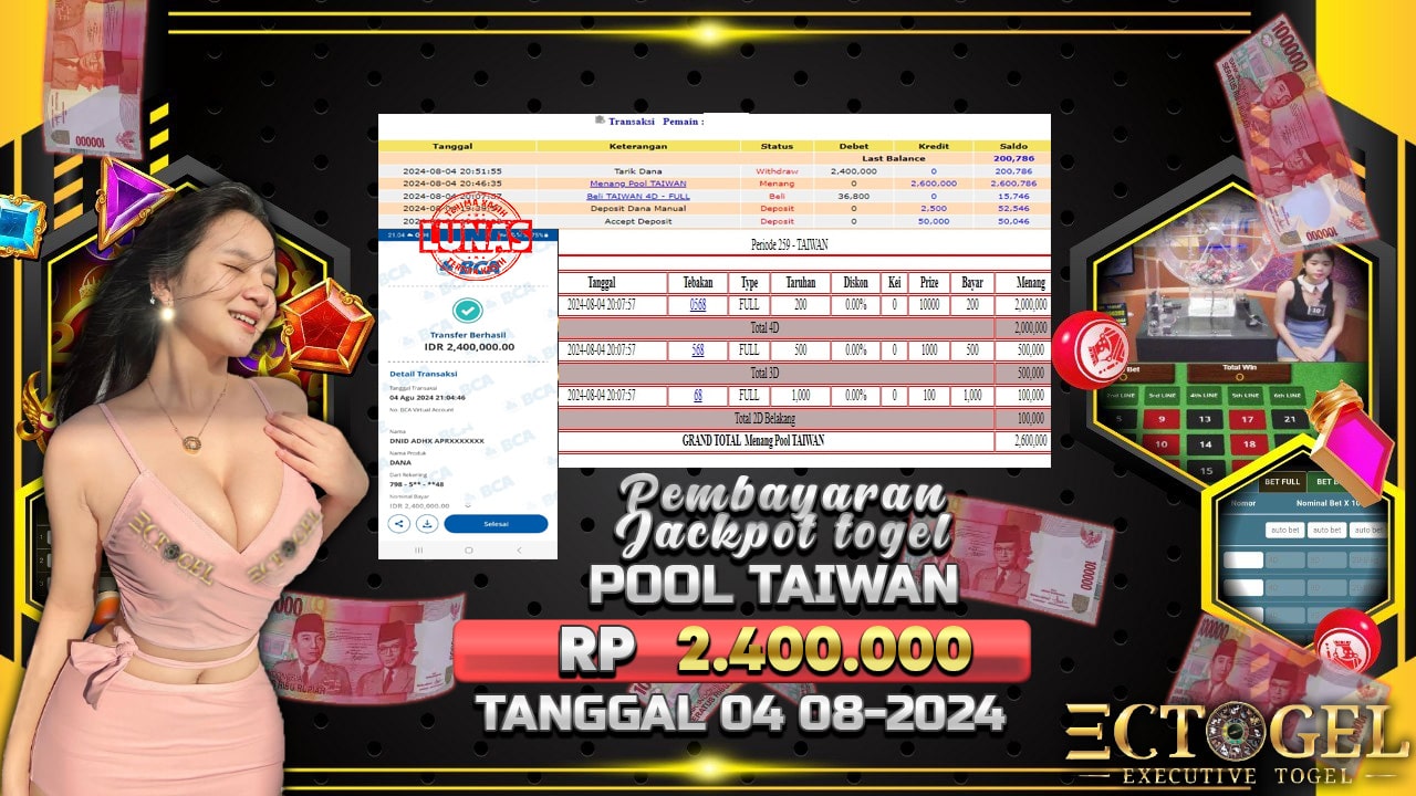 BUKTI JACKPOT TOGEL ONLINE POOL TAIWAN TERPERCAYA DI INDONESIA TGL 04-08-2024