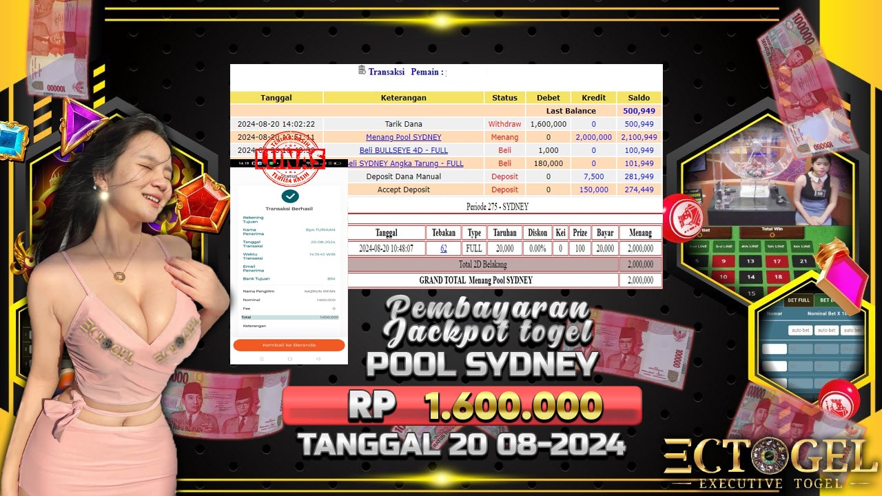 BUKTI JACKPOT TOGEL ONLINE POOL SYDNEY TERPERCAYA DI INDONESIA TGL 20-08-2024