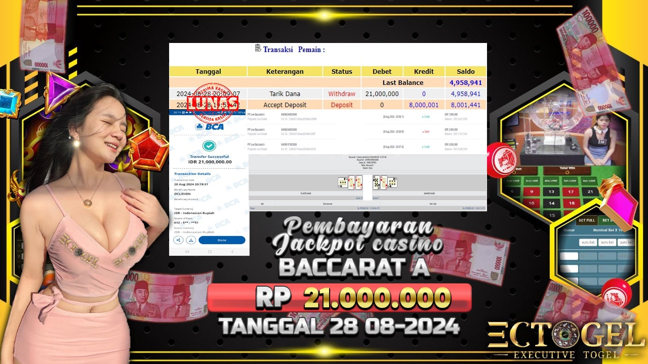 BUKTI JACKPOT LIVE CASINO BACCARAT A TERPERCAYA DI INDONESIA TGL 28-08-2024