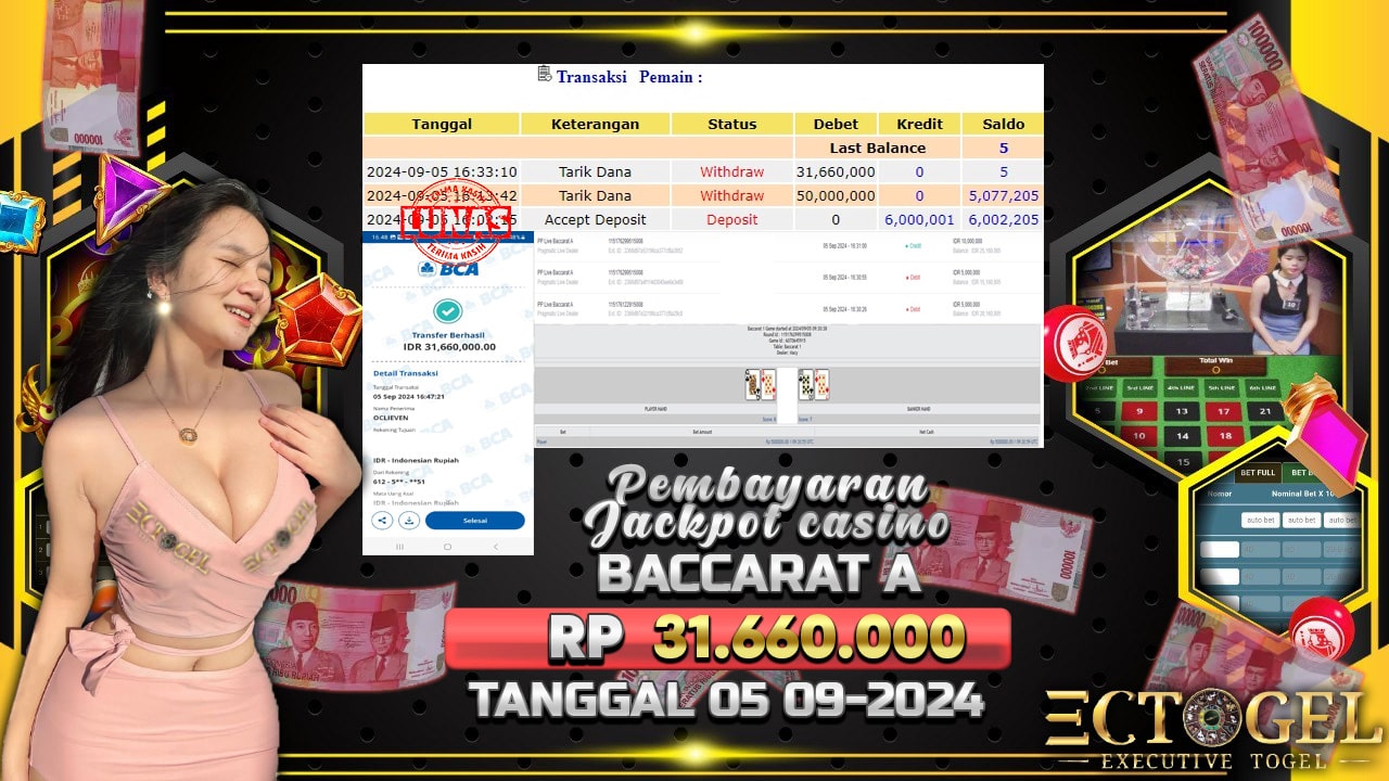 BUKTI JACKPOT LIVE CASINO BACCARAT TERPERCAYA DI INDONESIA TGL 05-09-2024